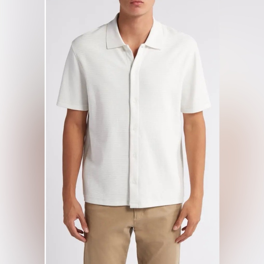 Textured Double Knit Short Sleeve‎ Button-Up Shirt - Classic Cream Men’s Small